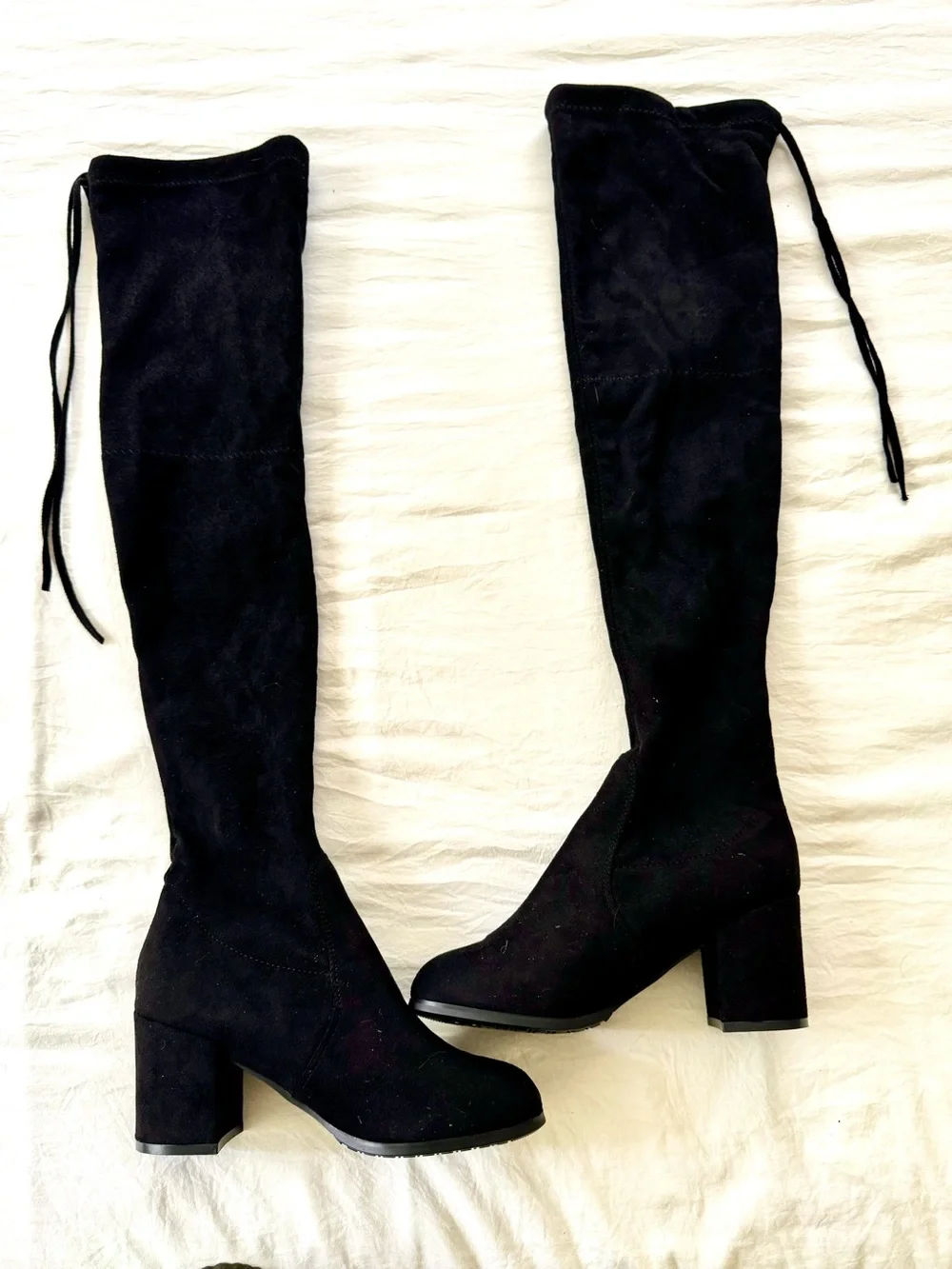 Over-the-Knee Black Suede Block Heel Boots - Women